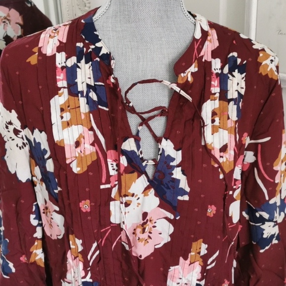 Womens Old Navy Cottagecore Floral Shift Burgundy Lace Up Midi Dress. M - Picture 2 of 4